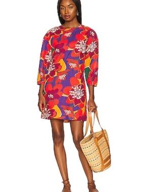 Revolve Something Navy Linen Blend Floral Open Back Mini Dress in Red Combo M